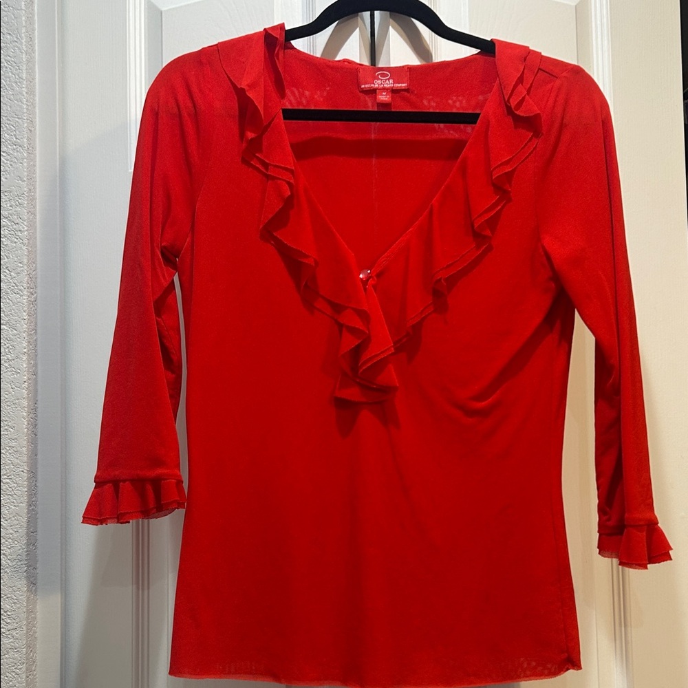 Oscar An Oscar De La Renta Company Red Ruffled Blouse Size Medium